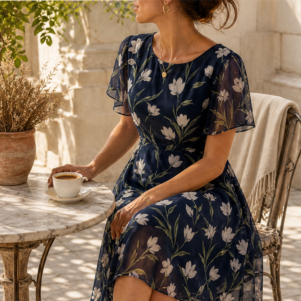 Navy Floral Chiffon A-Line Dress | Double-Layer Midi with Flutter Sleeves - Women's Occasion Wear features