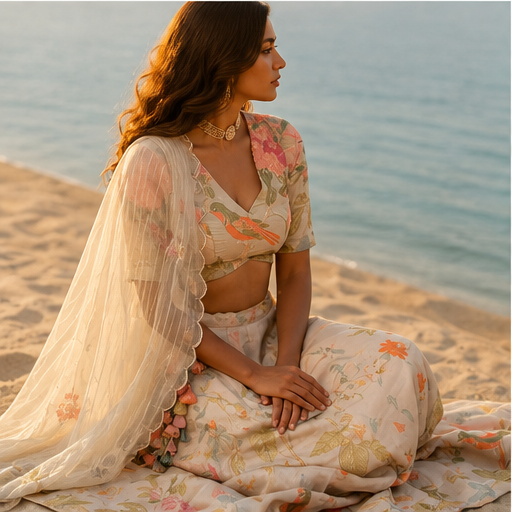 Ivory Banarasi Salwar Suit | Unstitched Silk Three-Piece Set - Hand-Embroidered Zari Floral Suit for Women features