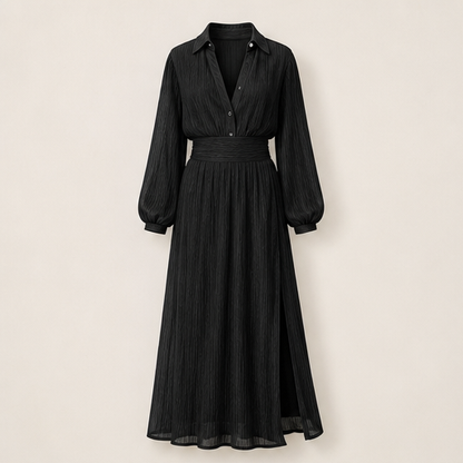 Champagne Chiffon Maxi Dress | V-Neck Slit Dress for Women - Long Sleeve Collared Style Black