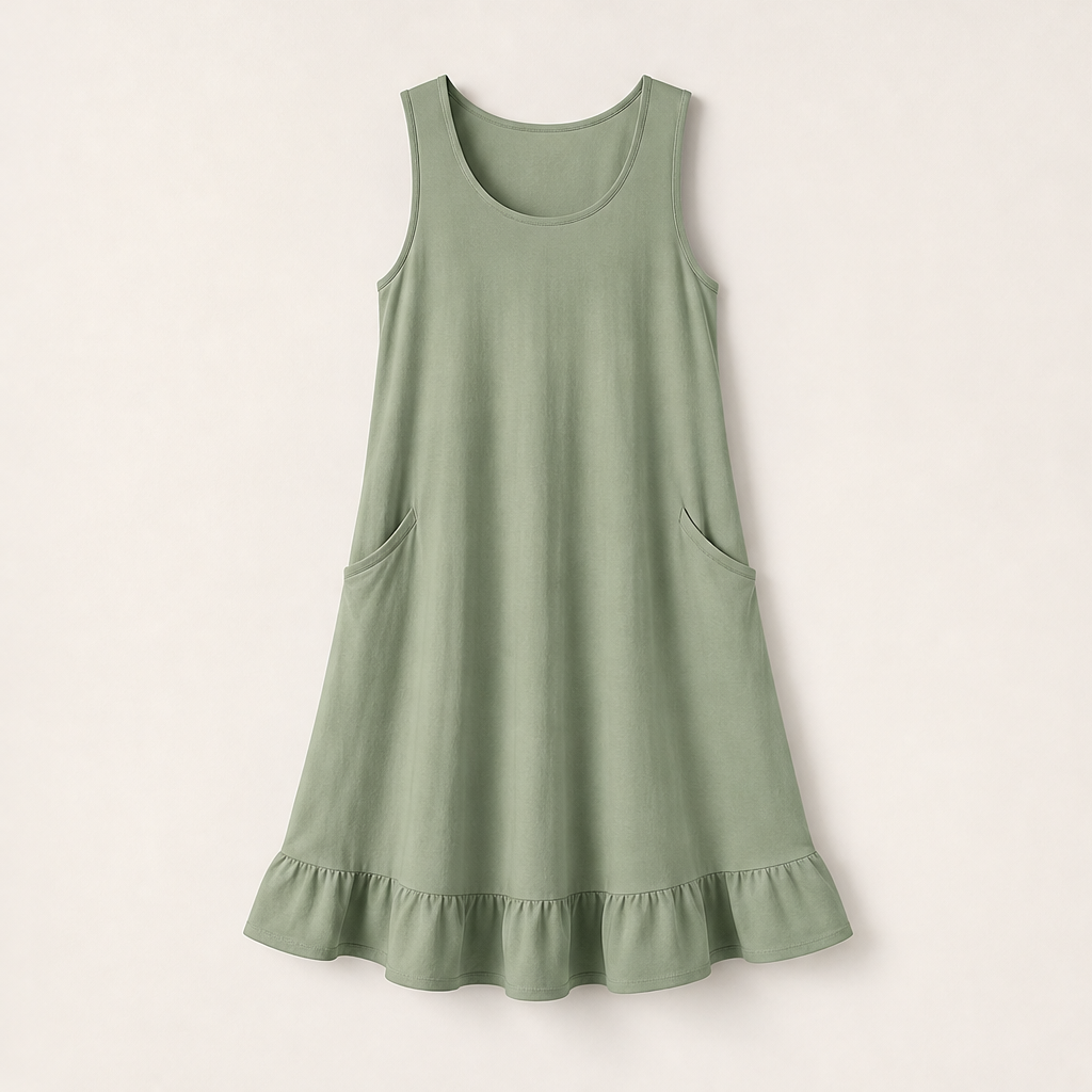 Marielle Women's Sleeveless Ruffle Hem Midi Dress with Dual Front Pockets - Casual Cotton Blend Summer Dress Sage