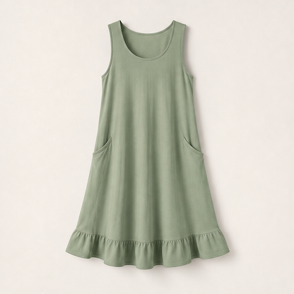 Marielle Women's Sleeveless Ruffle Hem Midi Dress with Dual Front Pockets - Casual Cotton Blend Summer Dress Sage