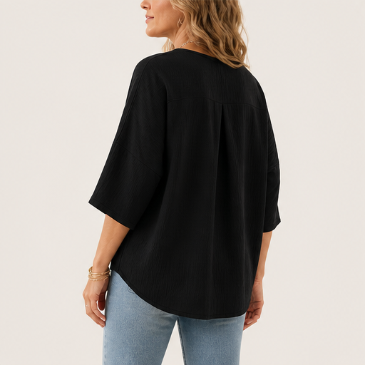 Black Ruffle V-Neck Blouse | Relaxed Fit Top for Women - Textured Three-Quarter Sleeve detail