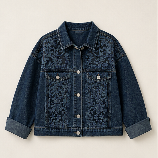 Light Wash Floral Lace Denim Jacket | Loose Fit Patchwork Trucker - Women's Cotton Blend Outerwear Indigo