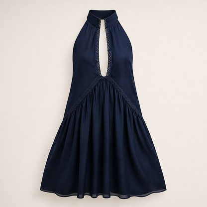 Marigold Women's Sleeveless Deep V-Neck Lace Trim Mini Dress - Flowy Halterneck Summer Dress Navy