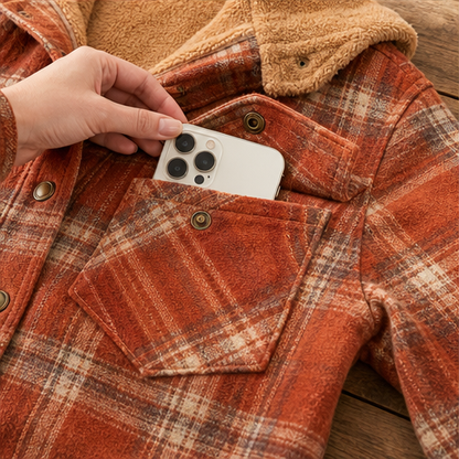 Rust Plaid Flannel Shacket | Hooded Sherpa-Lined Jacket for Women - Thick Checked Coat detail