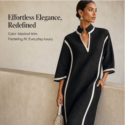 Black Colour Block Maxi Dress | V Neck Stand Collar Linen-Blend - Three Quarter Sleeve features