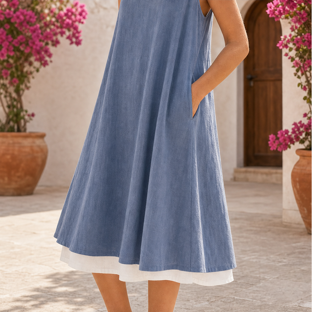 Chambray Blue Layered Tank Dress | Fake Two Piece Sleeveless Summer Dress - Loose Fit Cotton Linen detail
