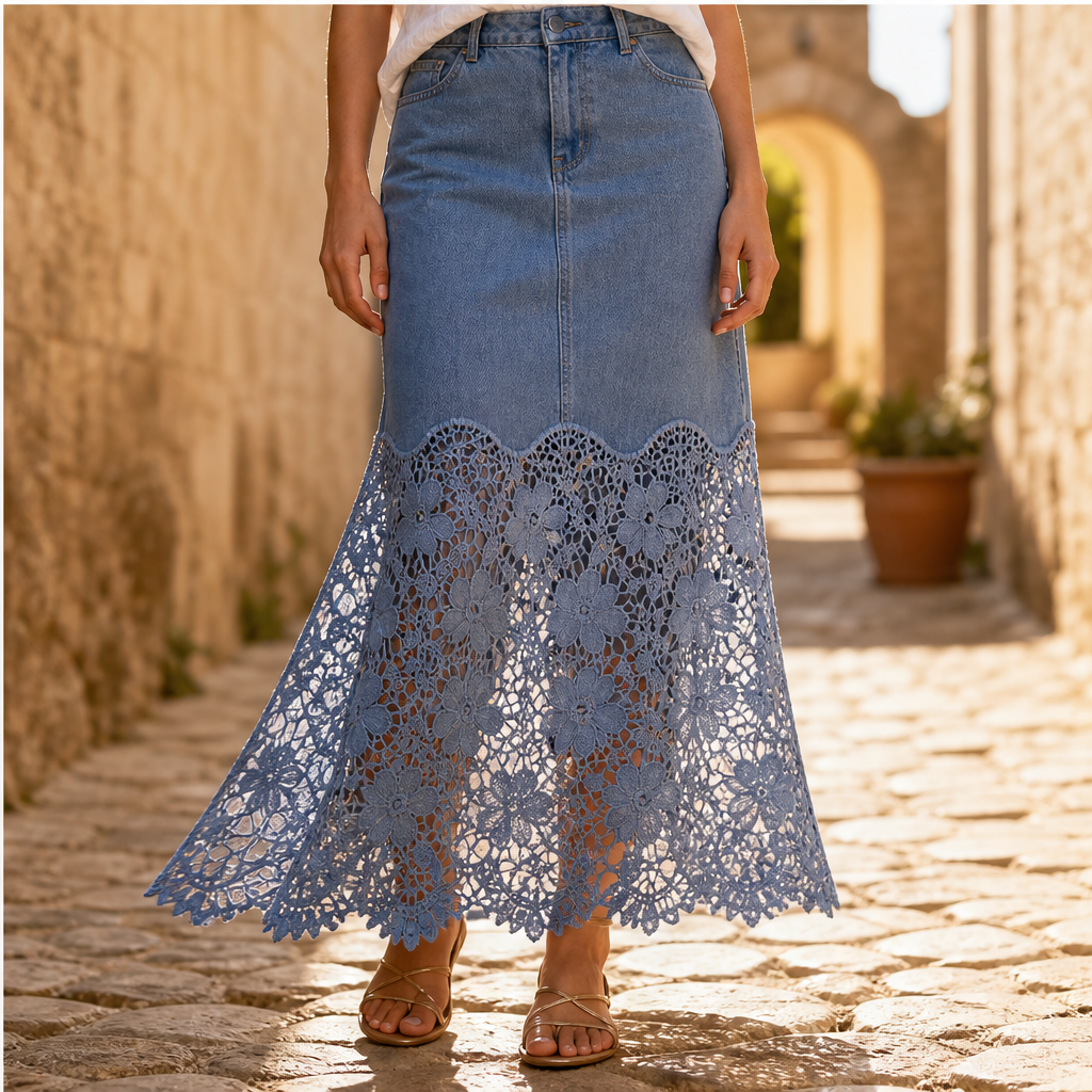 Denim Lace Hem Maxi Skirt | High-Waisted A-Line Style - Floral Crochet Trim features
