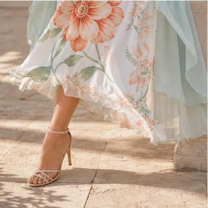 Coral Floral Swing Dress | Two-Piece Maxi Dress with Chiffon Cover-Up - Lace Detail detail