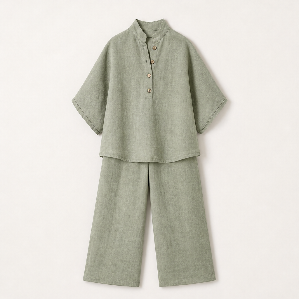 Marisol Women's Batwing Sleeve Linen Cotton Two-Piece Set - Casual Button Shirt & Wide Leg Trousers Outfit Sage