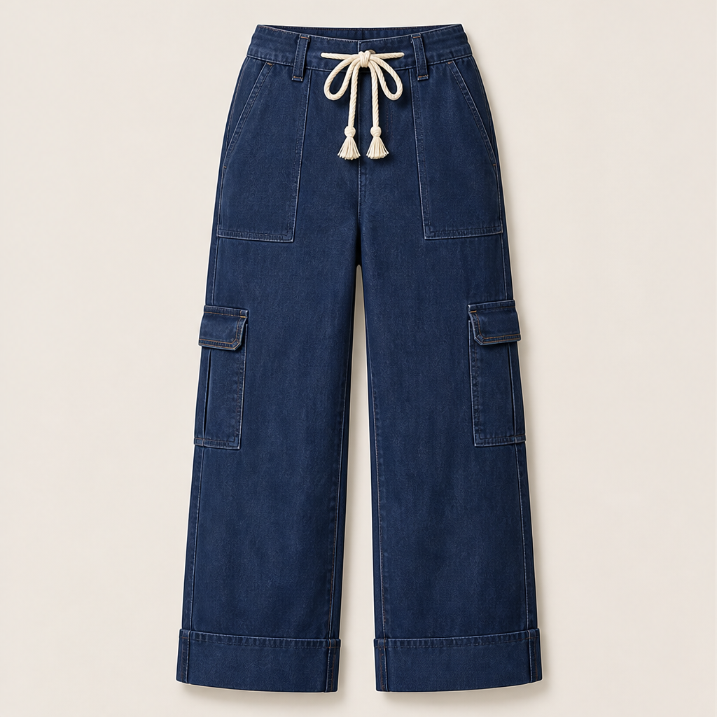 Wide Leg Cargo Trousers | Casual Denim-Style Pants for Women - Rope Tie Waist with Cargo Pockets Dark Wash Denim