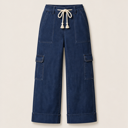 Wide Leg Cargo Trousers | Casual Denim-Style Pants for Women - Rope Tie Waist with Cargo Pockets Dark Wash Denim