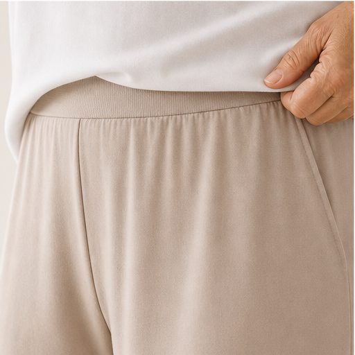 Beige Cropped Trouser & Top Set | Casual Two-Piece Outfit for Women - V-Neck Tee with Wide-Leg Culottes detail