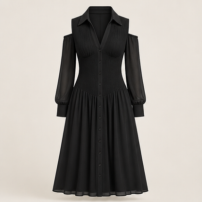 Brown Cold Shoulder Midi Dress | Chiffon Sleeve Shirt Dress - Ruched Waist Button Front Black