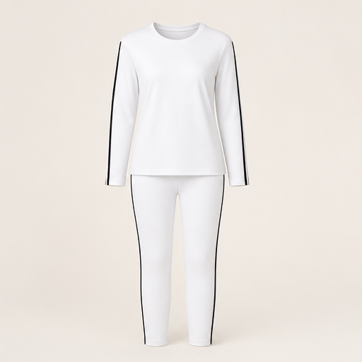 Black Two Piece Loungewear Set | Casual Long Sleeve Top & Leggings - Side Stripe Tracksuit White
