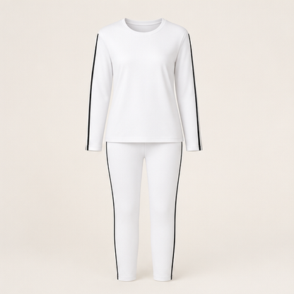 Black Two Piece Loungewear Set | Casual Long Sleeve Top & Leggings - Side Stripe Tracksuit White