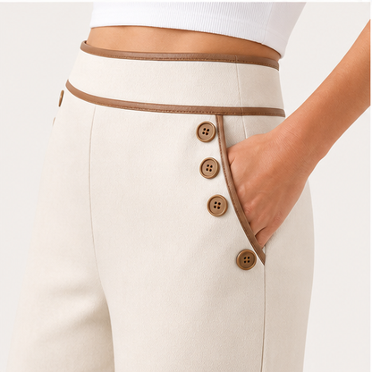 Ecru Wide-Leg Trousers | High-Waisted Tailored Trousers for Women - Contrast Trim with Button Detail detail
