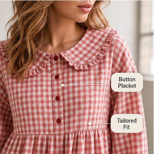 Red Gingham Top | Ruffled Peter Pan Collar Blouse - Puff Sleeve Casual Shirt for Women features