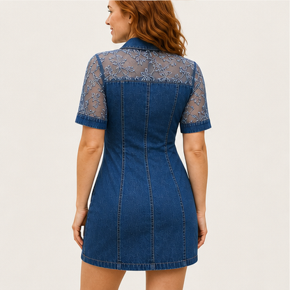 Denim Mini Dress | Sheer Lace Shirt Dress for Women - Button-Front with Pockets detail