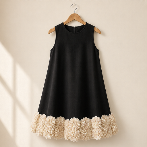 Black 3D Flower Mini Dress | Sleeveless Loose A-Line - Floral Appliqué Hem detail