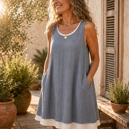 Grey Layered Hem Swing Dress | Sleeveless Linen-Blend Mock Two-Piece - A-Line with Pockets features