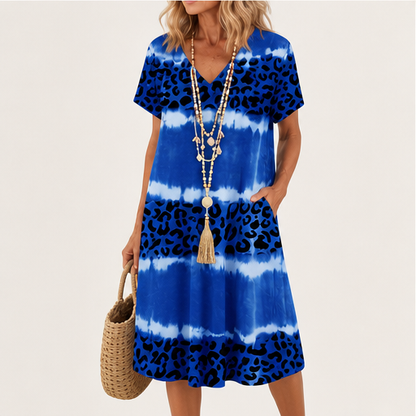 Blue Tie-Dye Leopard Print V-Neck Dress | Casual Shift Dress for Women - Short Sleeve Midi detail