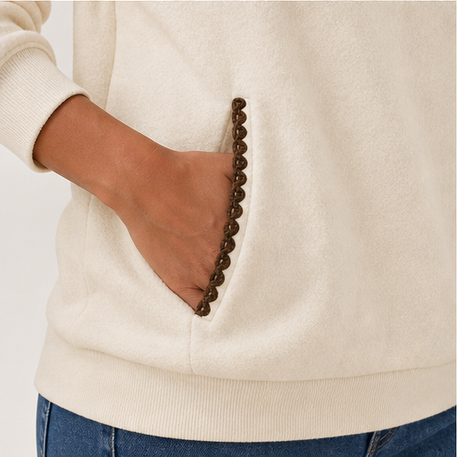 Cream Hooded Tunic Sweatshirt | Oversized Scalloped Trim Hoodie - Half-Button V-Neck with Side Pockets detail