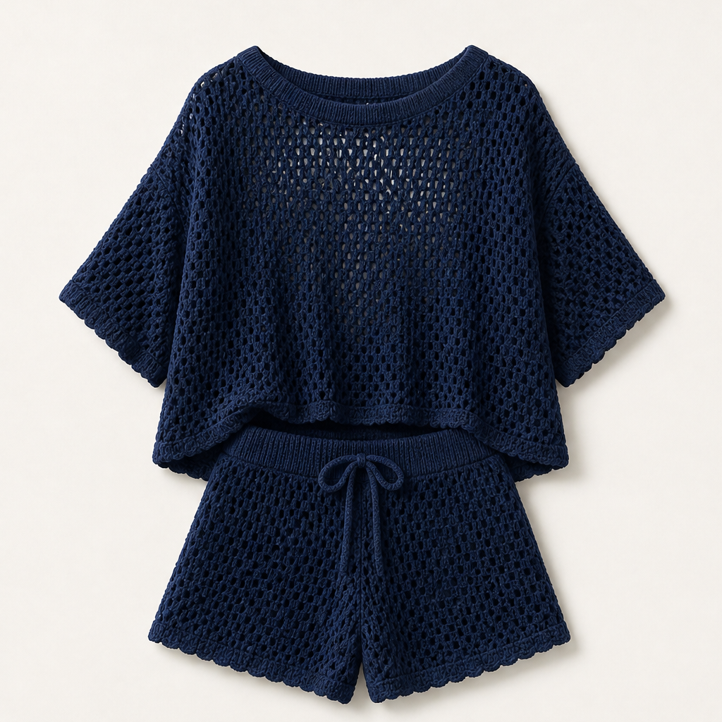Marisol Women's Open-Knit Short Sleeve Top & Shorts Set - Crochet-Style Striped Two-Piece Summer Loungewear Navy