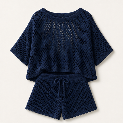 Marisol Women's Open-Knit Short Sleeve Top & Shorts Set - Crochet-Style Striped Two-Piece Summer Loungewear Navy