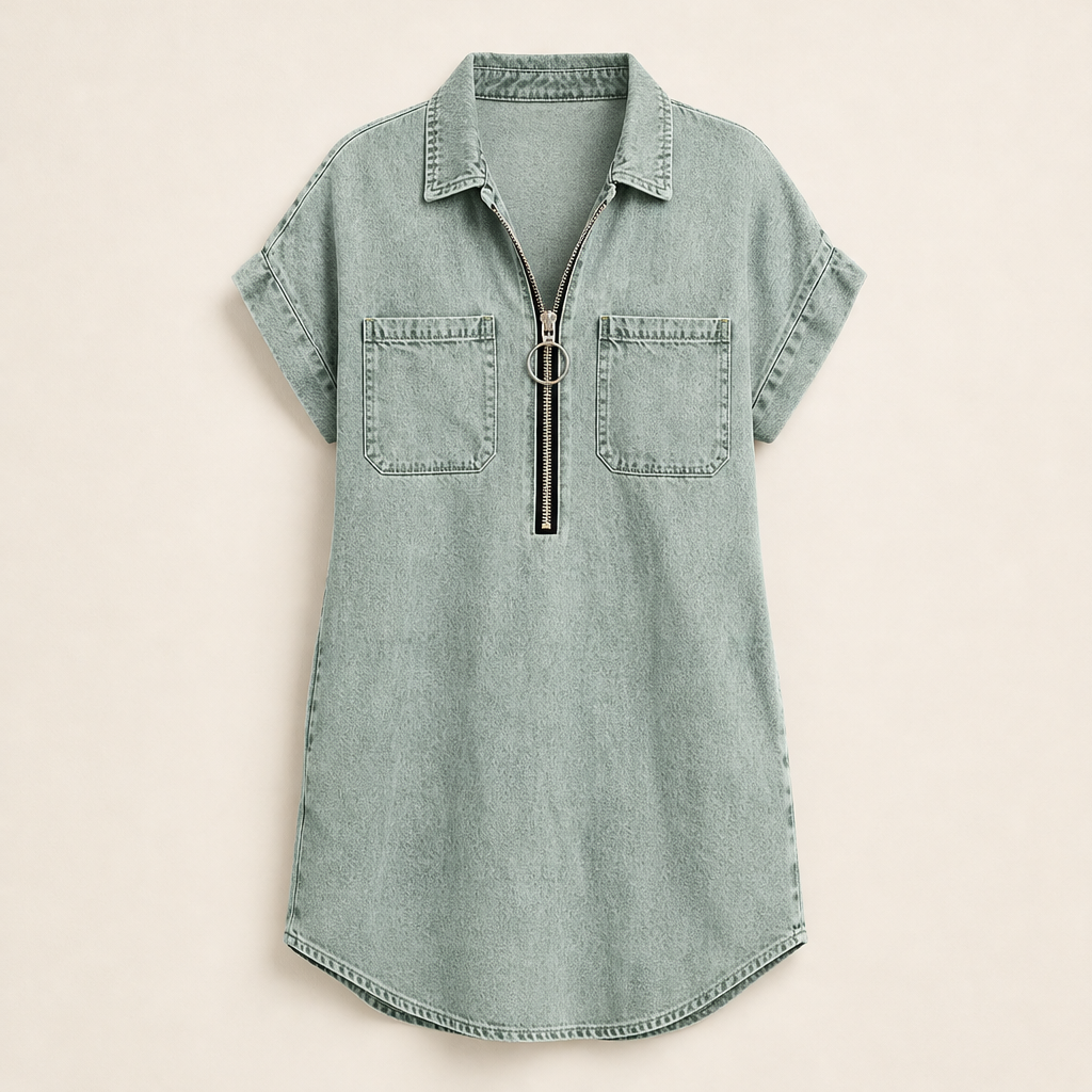 Denim Blue Zip Front Shirt Dress | Adjustable Half-Zip Collared Dress - Short Sleeve with Pockets Sage Green