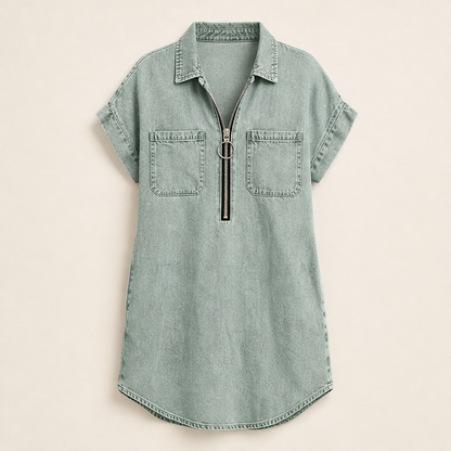 Denim Blue Zip Front Shirt Dress | Adjustable Half-Zip Collared Dress - Short Sleeve with Pockets Sage Green
