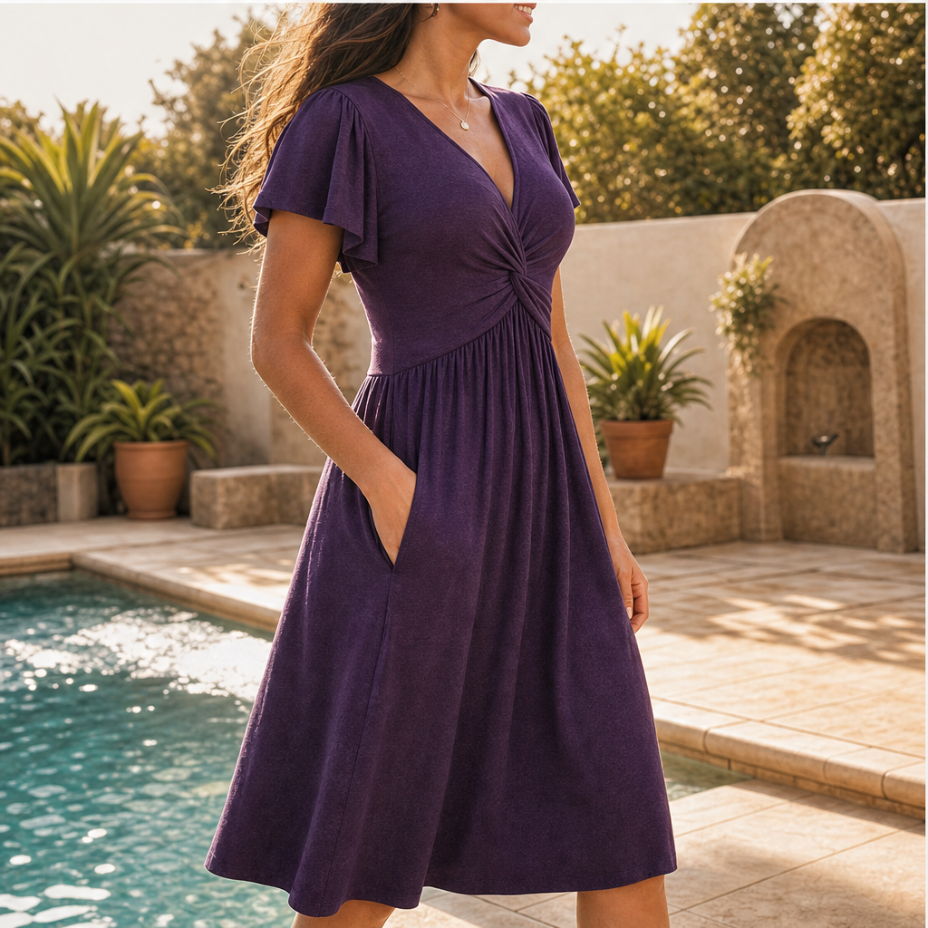 Purple Twist Front V-Neck Dress | Flutter Sleeve Midi with Hidden Pockets - Flowy Fit detail