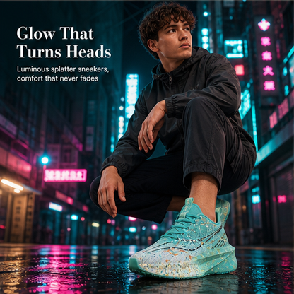 Black Glow-in-the-Dark Splatter Sneakers | Luminous Casual Trainers - Breathable Mesh features