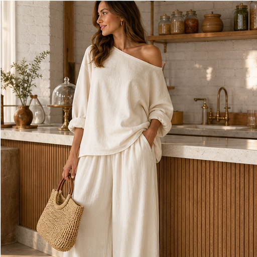 Ivory Off-Shoulder Wide Leg Set | Two-Piece Linen-Look Top & Trousers - Matching Set for Women features