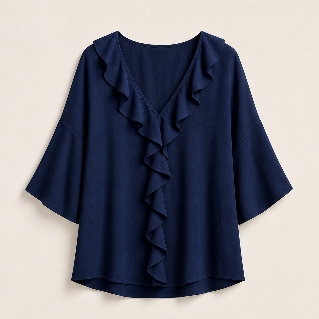 White Ruffle V-Neck Blouse | Elegant Linen-Look Top for Women - Flared Sleeve Tunic Navy