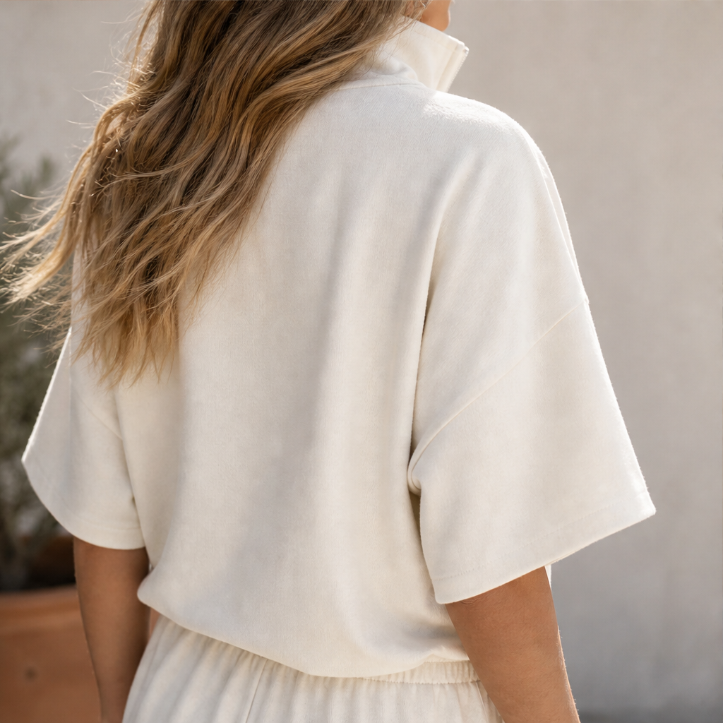 Cream Zip Neck Top and Trousers Set | Casual Two-Piece Loungewear - Wide Leg Drawstring Trousers features