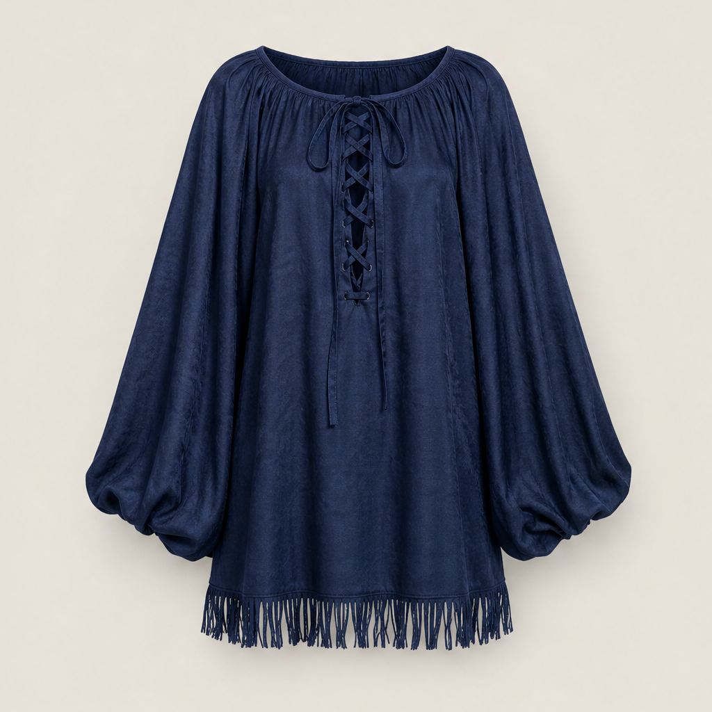 Marisol Women's Lace-Up Balloon Sleeve Tassel Hem Boho Mini Dress Navy
