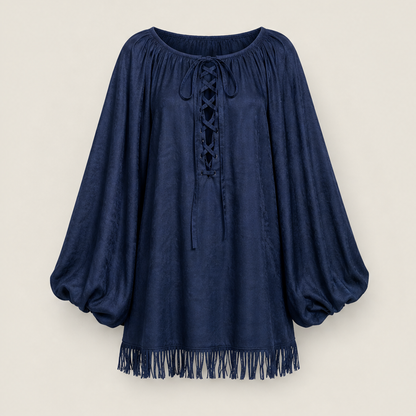 Marisol Women's Lace-Up Balloon Sleeve Tassel Hem Boho Mini Dress Navy
