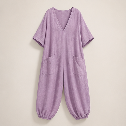 Rose V-Neck Jumpsuit | Relaxed Linen-Blend Playsuit for Women - Wide Leg with Pockets Lavender