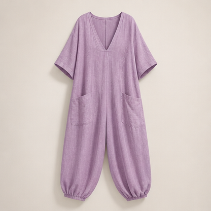 Rose V-Neck Jumpsuit | Relaxed Linen-Blend Playsuit for Women - Wide Leg with Pockets Lavender