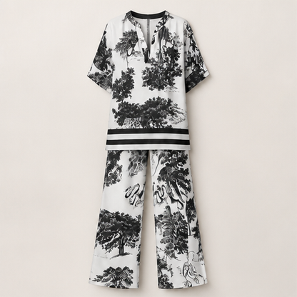 White Printed V-Neck Top and Trousers Set | Casual Two-Piece Loungewear - Wide Leg Matching Set White/Black Print
