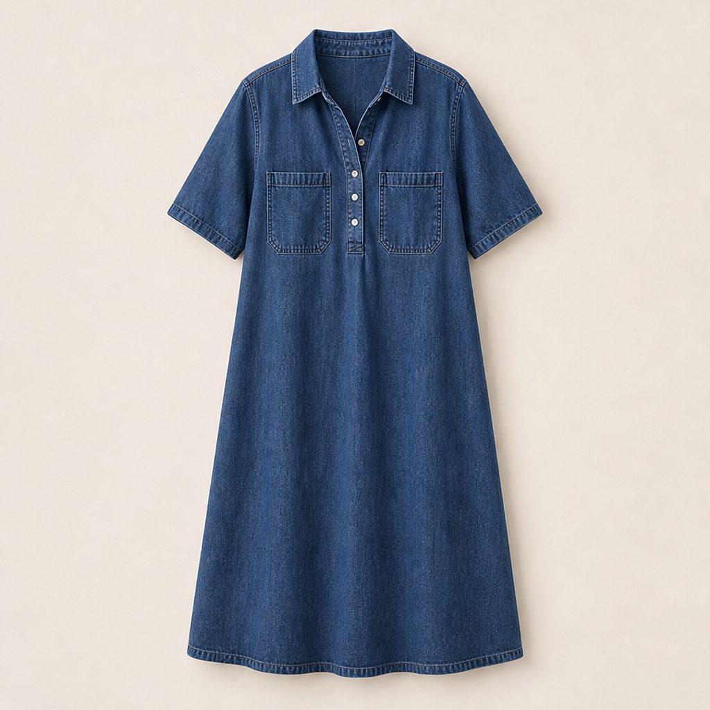 Denim Midi Shirt Dress | Casual Short Sleeve Dress with Pockets - Relaxed Fit Denim Blue