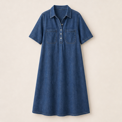 Denim Midi Shirt Dress | Casual Short Sleeve Dress with Pockets - Relaxed Fit Denim Blue