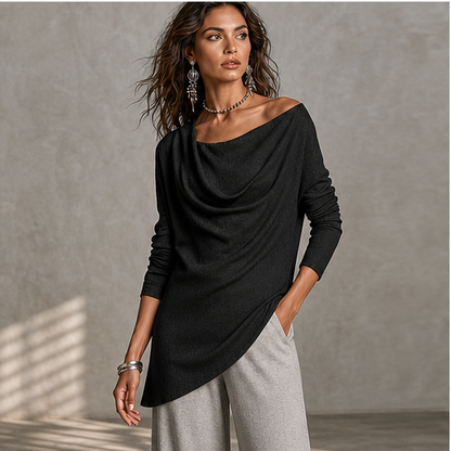 Black Cowl Neck Two Piece Set | Off Shoulder Top & Wide Leg Trousers - Women's Matching Outfit features