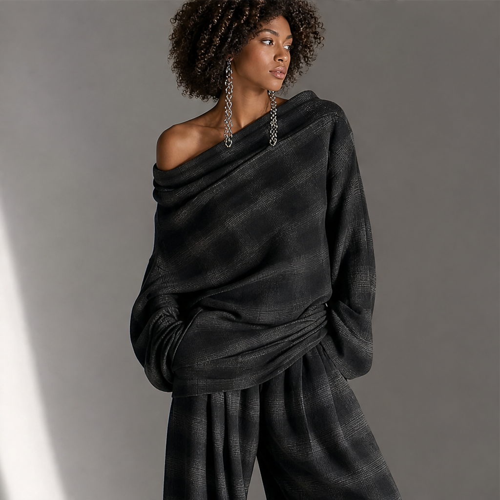 Grey Plaid Off Shoulder Top and Pants Set | Loose Two Piece Outfit - Wide Leg Trousers features