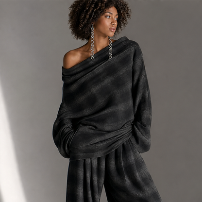 Grey Plaid Off Shoulder Top and Pants Set | Loose Two Piece Outfit - Wide Leg Trousers features