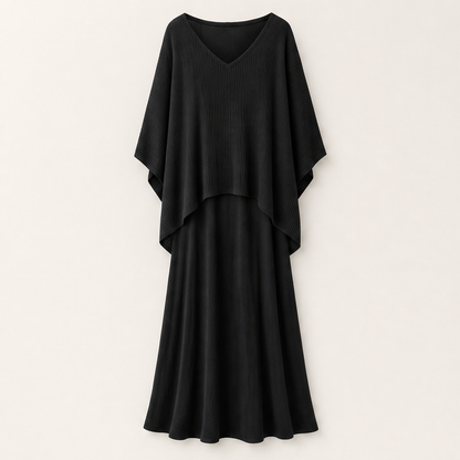 Black Cami Maxi Dress & Cover-Up Top Set | Two-Piece Boho Outfit - Batwing Knit Topper with Slip Dress Black