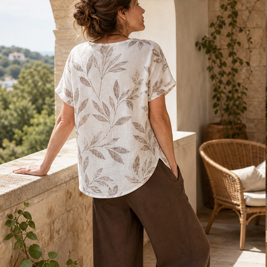 Elowen Women's Botanical Print T-Shirt Set - Breathable Polyester Top & Tulip Hem Trouser Loungewear Set features