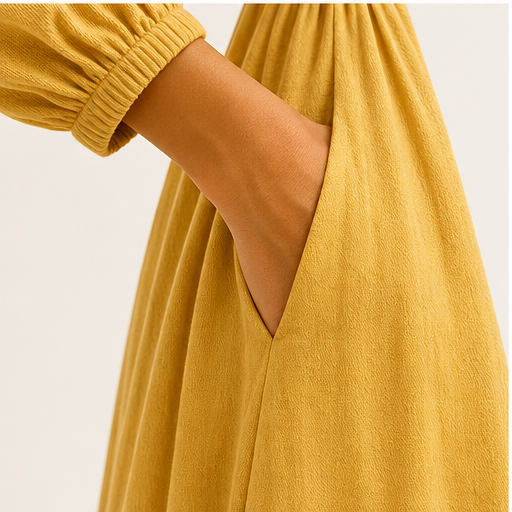 Mustard V-Neck Maxi Dress | Casual Puff Sleeve Long Dress - Linen-Blend with Pockets detail