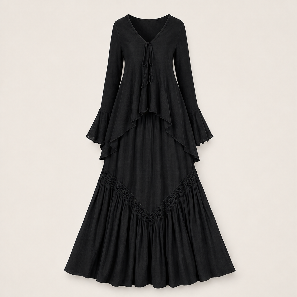 Navy Two Piece Maxi Skirt Set | Boho Asymmetric Top & Tiered Skirt - Long Sleeve Outfit Black